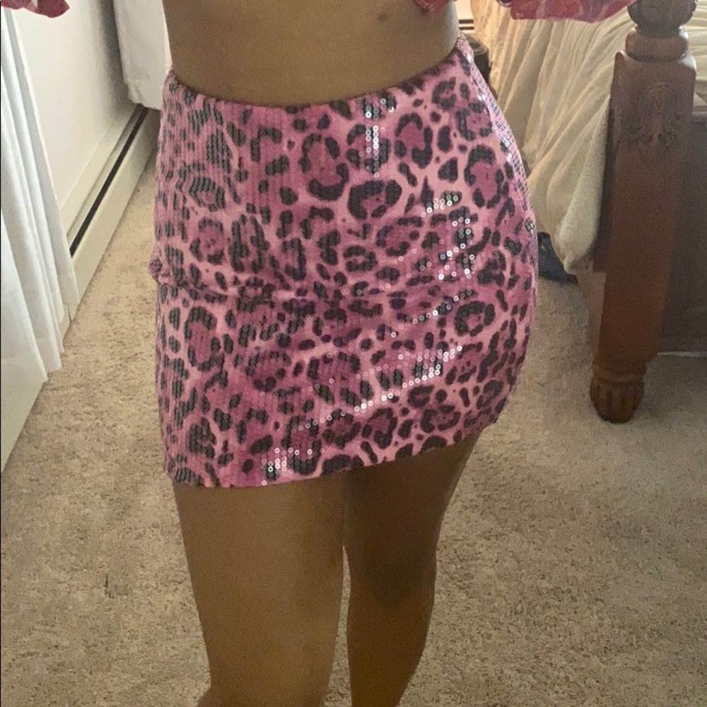 pink leopard sequin skirt.